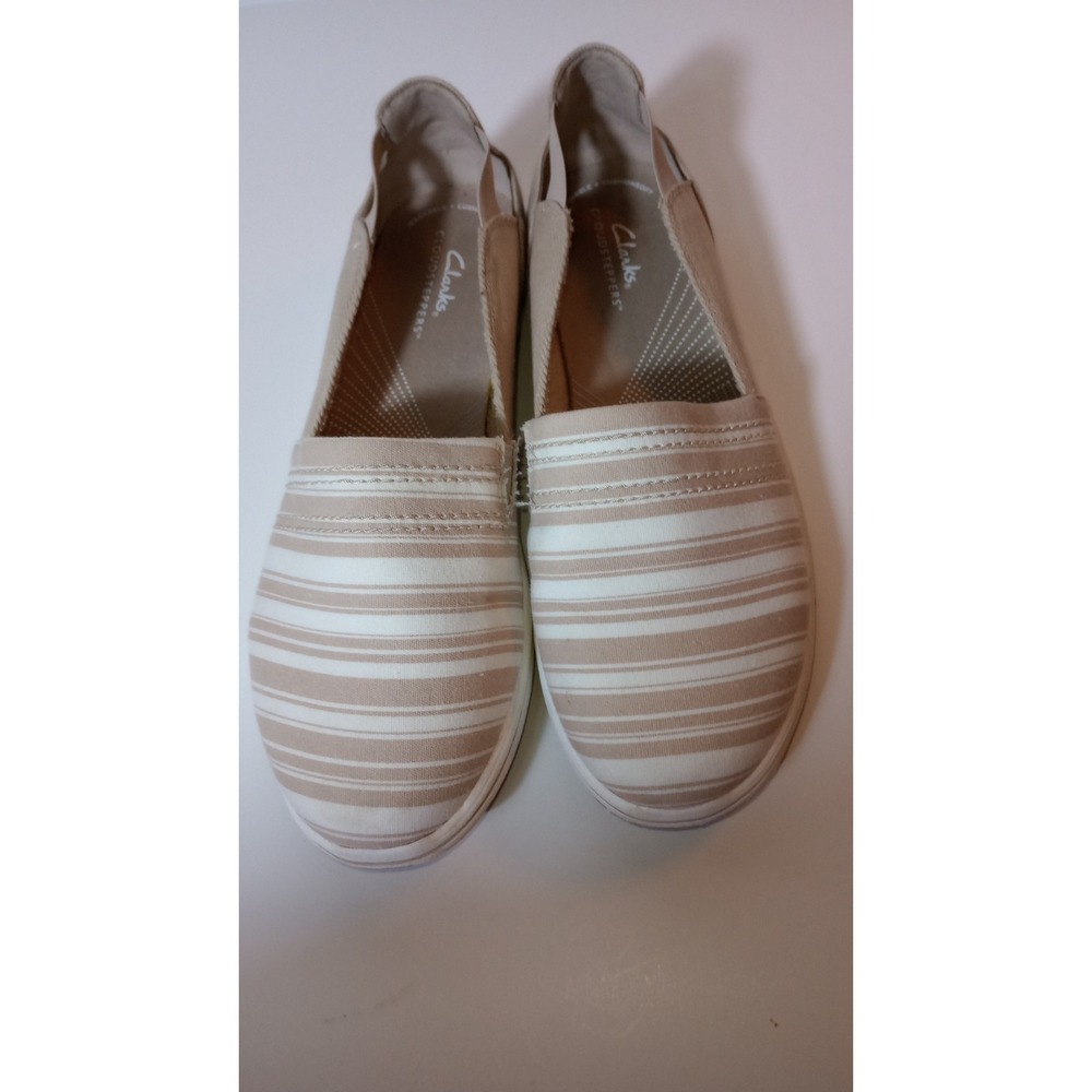 Clarks Cloudsteppers Canvas Slip-Ons Breeze Step Striped Sz 9 A465891 Tan Cream - Picture 4 of 4